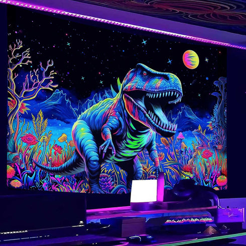 Blacklight Dinosaur Tapestry, Fantasy Neon Funny Dino Frog Mountain Art UV Reactive Tapestries, Cool Fairytales T-Rex Galaxy Space Glow in the Dar...