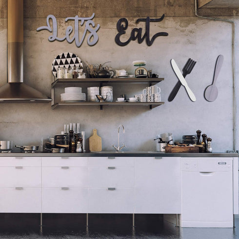 Yerliker 5 Pcs Let's Eat Sign, Wooden Fork Spoon Knife Sign Wall Decor, Rustic Cutout Eat Grey Kitchen Decor for Home Dining Living Room Bar Cafe ...