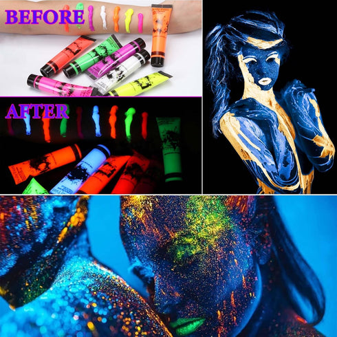 6 Pcs Glow in Dark Face Body Paint,Neon Fluorescent Blacklight Glow Face Makeup Set,Washable & Quicker Dry Neon Face Body Paint for Party Supplies...