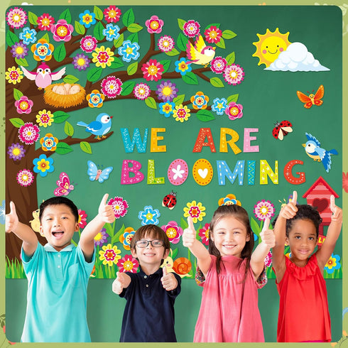 161 Pcs Spring Bulletin Board Decorations Spring Classroom Tree Bulletin Board Spring Tree Bulletin Cutouts Spring Flowers Butterfly Leaf Bird Cut...