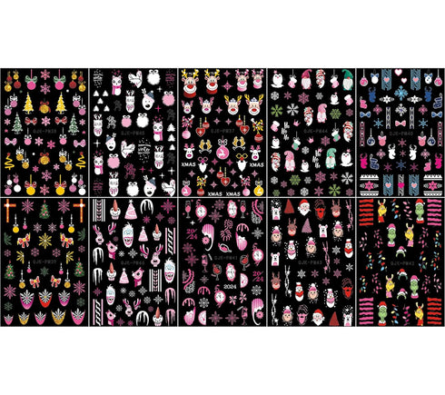 JMEOWIO 10 Sheets Christmas Pink Nail Art Stickers Decals Self-Adhesive Pegatinas Uñas Snowflake Xmas Winter Holiday Cute Elk Nail Supplies Nail A...
