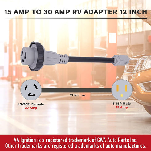 AA Ignition 15 Amp to 30 Amp RV Adapter 12 Inch - 5-15P Male to L5-30R Female - 125V/3750W Dogbone Electrical Converter Plug w/Twist Lock, LED Ind...