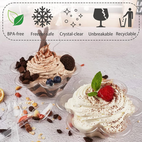 50ct 8oz Clear Plastic Dessert Cups with Spoons, Disposable Flower Shaped Ice Cream Bowls, Party Sundae Serving Bowls for Ice Cream, Nuts and Sala...
