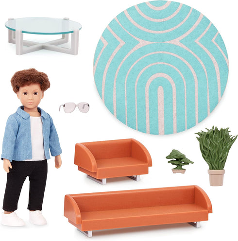Lori – Mini Boy Doll & Toy Living Room Furniture – 6-inch Boy Doll & Dollhouse Accessories – Sofa, Armchair, Coffee Table, Rug, Plants – Play Set ...