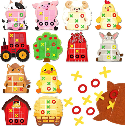 24 Pack Farm Animals Tic Tac Toe Strategic Board Game Farm Party Favors Felt Barnyard Cow Pig Sheep Party Game for Farm Themed Party Supplies Good...