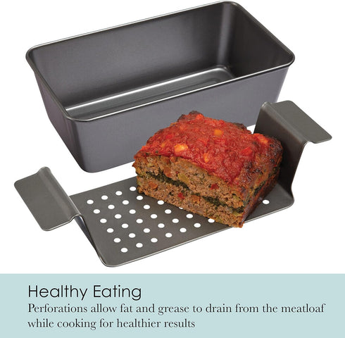 Chicago Metallic 2-Piece Healthy Meatloaf Pan with Draining Insert Professional Grade Non-Stick Carbon Steel Baking Pan with Lift and Serve Featur...