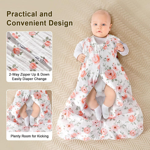 PHF 100% Muslin Cotton Baby Sleep Sacks, 0-6 Months Sleep Sack with 2-Way Zipper, 2 Pack Cooling 0.5 TOG Breathable Small Size Sleeveless Baby Wea...