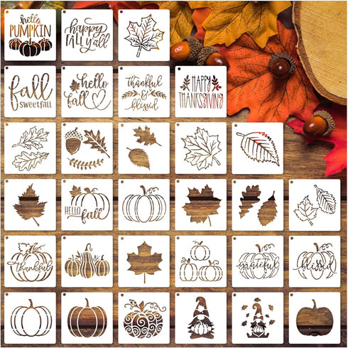 30 Pieces Fall Stencils for Painting on Wood, 3x3 Inch Hello Fall Pumpkin Stencils Autumn Leaf Thanksgiving Gnome Stencils for DIY Crafts Card Orn...