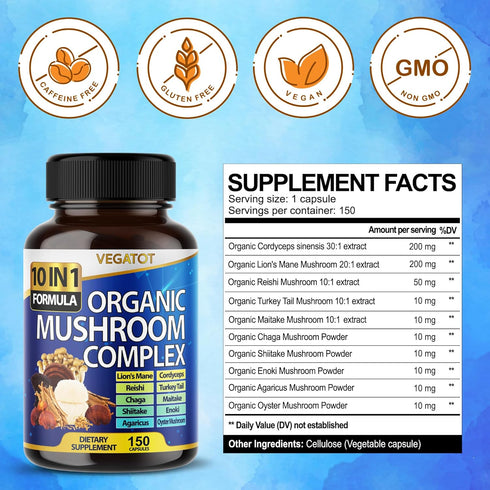 10 in 1 High Strength Mushroom Supplement 9,700MG - Lions Mane, Cordyceps, Reishi - Brain Supplements for Memory and Focus ** 5-Month Supply...