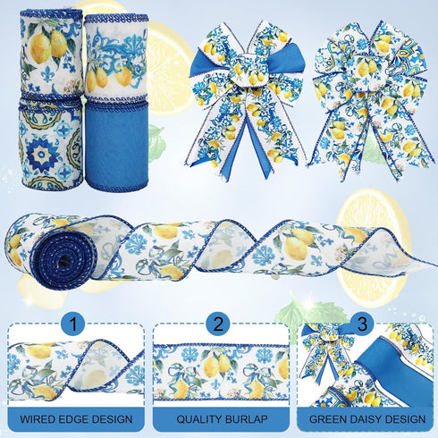 Whaline Lemon Wired Edge Ribbon 24 Yards Blue Tile Lemon Fabric Craft Ribbon for Spring Summer Baby Shower Birthday Gift Wrapping Wreath Bow DIY C...