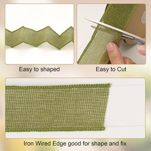 Sage Green Wired Burlap Ribbon, 1-1/2" x 11 Yards Wired Ribbons, Wide Burlap Ribbon with Spool, Wired Ribbon for Gift Wrapping, Arts and Crafts, P...