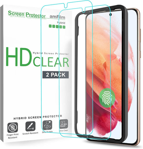 amFilm Screen Protector for Samsung Galaxy S21 5G 6.2 inch (2021), Fingerprint ID Compatible, HD Clear, Scratch Resistant Hybrid, with Easy Instal...