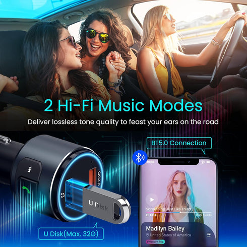 Upgraded V5.0 FM Bluetooth Transmitter Car, QC3.0 & LED Backlit Wireless Bluetooth FM Radio Adapter Music Player/Car Kit with Hands-Free Calls, Si...