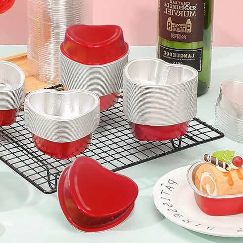 Heart Shaped Cake Pans for Baking with Red Petals, BLVRYVIO 50 Sets Aluminum Cupcake Cups with Lids, 100 ml/ 3.5 Ounces Red Disposable Mini Foil P...