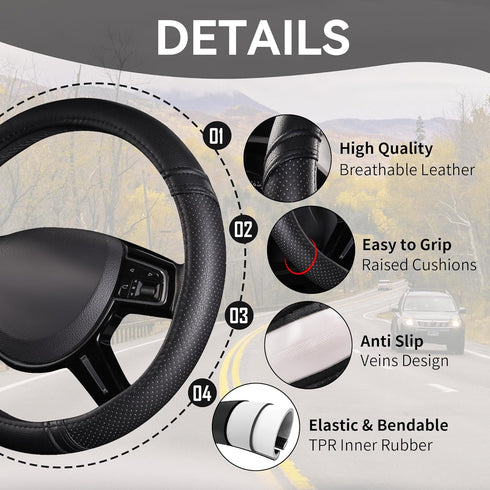 Car Pass Classical Leather Automotive Universal Steering Wheel Covers,Universal Fit for Suvs,Trucks,Sedans,Cars,Vans,14.5-15inch Anti-Slip Safety ...