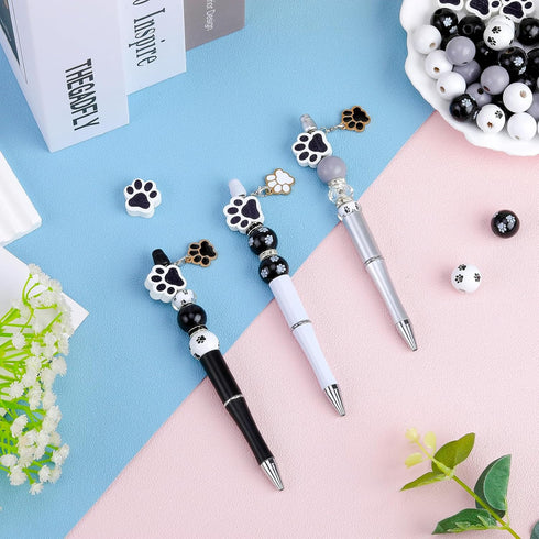 18 Set Bead Pen Bulk DIY Beaded Pens,54 Wooden Beads,36 Crystal Spacer Beads And 30 Glass Beads, 18pcs Lobster Clasp And Dog Paw Pendant For Diy G...