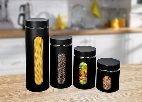 Glass Canister Set of 4 for Sugar, Matte Black Kitchen Counter Decor and Accessories...