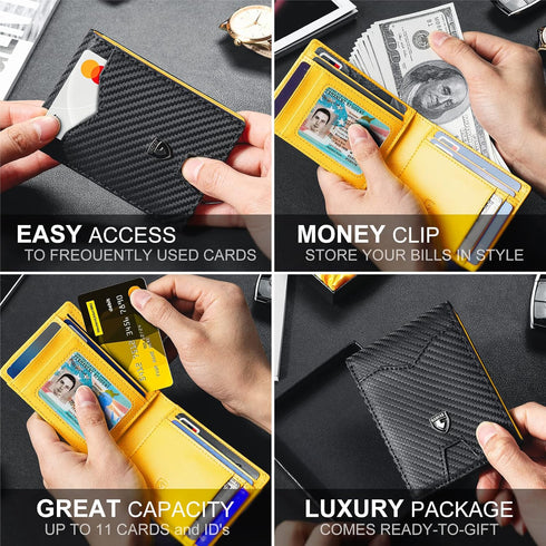GSOIAX Mens Slim Wallet for Men Minimalist Genuine Leather Carbon Fiber Rfid Blocking Bifold Credit Card Holder With Gift Box (Yellow and Carbon B...