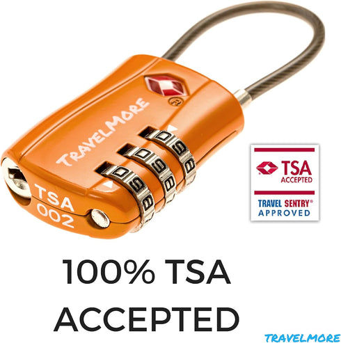 TSA Approved Travel Combination Cable Luggage Locks for Suitcases & Backpacks - 1 Pack of Orange TSA Lock...