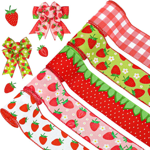 Whaline 5 Roll Strawberry Wired Ribbon 2.5 Inch Red Pink Green Strawberry Plaid Fabric Craft Ribbon Colorful Wired Edge Ribbon for Summer DIY Craf...