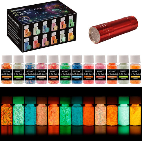 Glow in The Dark Glitter, SEISSO 12 Bottles Luminous Glitter with UV Flashlight Set, 10g/Bottle Chunky Glitter Powder for Resin Arts Crafts, Body ...