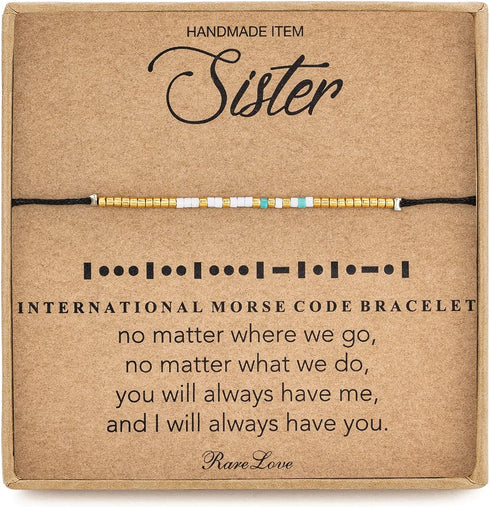 RareLove Sister Morse Code Beaded Bracelet Sister Birthday Gifts from Sister Long Distance Friendship Christmas Gifts Waterproof Gold Blue White T...
