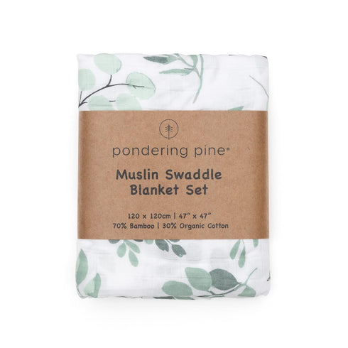 Organic Swaddle Blanket and Hat Set - Boho Baby Receiving Blanket Neutral - Soft Organic Cotton and Bamboo Muslin Swaddle Blanket, Eucalyptus Leav...