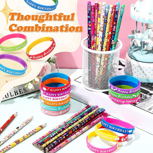Sabary 48 Pcs Happy Birthday Pencils Rubber Bracelets Set Birthday Party Favors Birthday Pencils Silicone Wristbands Birthday Bracelet for Kids St...
