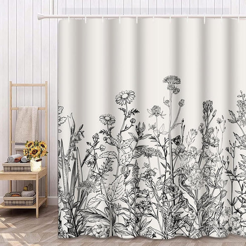 Emvency Shower Curtain Floral Border Herbs and Wild Flowers Botanical Vintage Engraving Light Grey Background Black Waterproof Polyester Fabric 72...