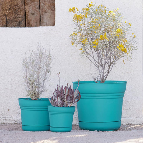 Bloem Saturn Round Planter with Saucer Tray: 10" - Bermuda Teal - Durable Plastic Pot, Matte Finish, Removable Saucer, for Indoor & Outdoor Use, G...
