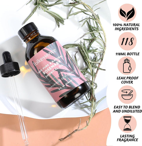 Folkulture Rosemary Essential Oils for Hair Growth, 4 Fl Oz - 100% Pure, Organic, Natural and Undiluted Essential Oils, Premium Grade with Glass D...