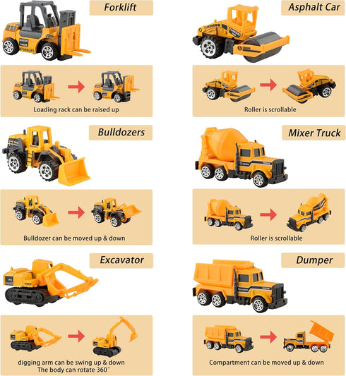 BenRich 6 Pcs Mini Die Cast Car Set 1/64 Scale Alloy Construction Trucks - Dump Truck, Excavator, Forklift, Road Roller, Bulldozer, Mixer Truck - ...