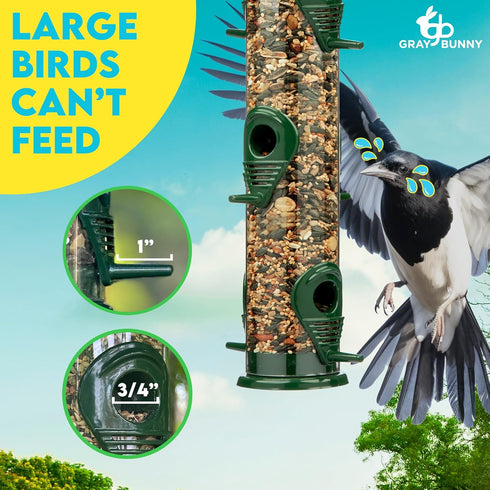 Gray Bunny Metal Bird Feeders for Outdoors Hanging, 6-Port Metal Bird Feeder Tube, Durable, Chew-Proof and Rust-Proof, 16 Inches...