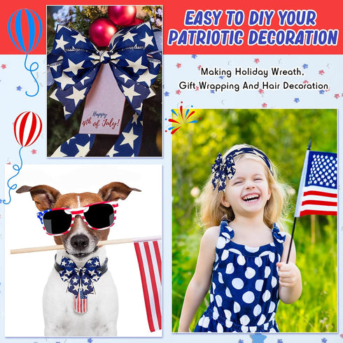 2 Rolls 20 Yard Star Blue Wired Edge Ribbon Patriotic Ribbon 2.5 Inch 4th of July Ribbon Beige Navy Blue DIY Crafts Ribbon for Party Decorations W...