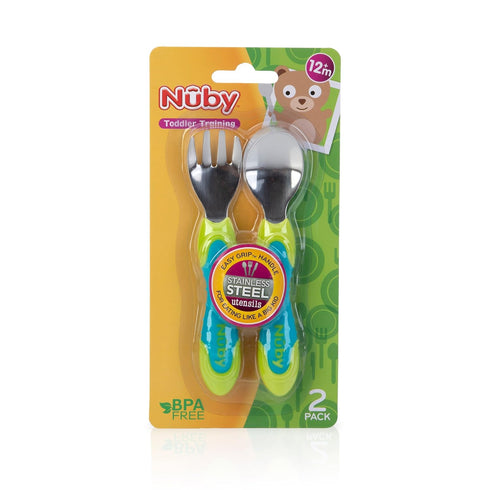 Nuby 2 Piece Stainless Steel Utensil, Blue/Green, 2 Count...
