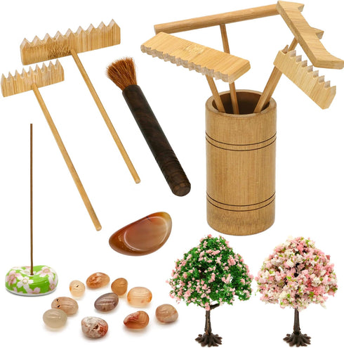 Tabletop Zen Garden Accessories Kit - Japanese Sand Zen Garden Rakes Tools Set,Office Relaxation Gifts with Healing Stones Zen Garden Decor for Ma...