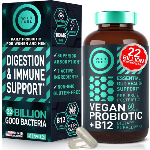 Vegan Probiotic Plus B12-22 Billion CFU Synbiotics Probiotics & Prebiotic for IBS, Digestive & Gut Health, Mood Support - B12 with FOS Pre Pro Pos...