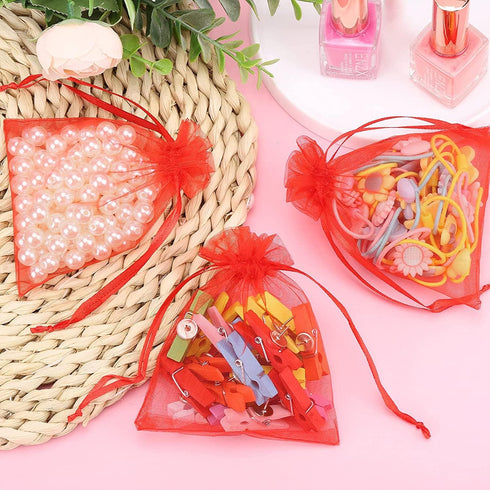 100Pcs Small Organza Bags 3x4 Inch, Red Drawstring Christmas Candy Gift Bags, Baby Shower Favor Bag Mesh Jewelry Pouches...