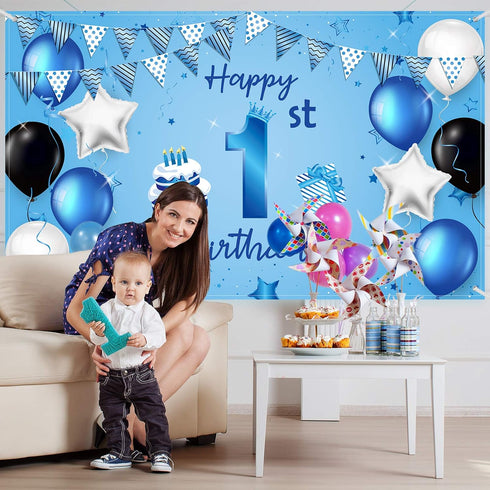 Happy 1st Birthday Backdrop Banner Blue Newborn Boys First Birthday Backdrop Photography Background for 1st Birthday Baby Shower Party Decorations...