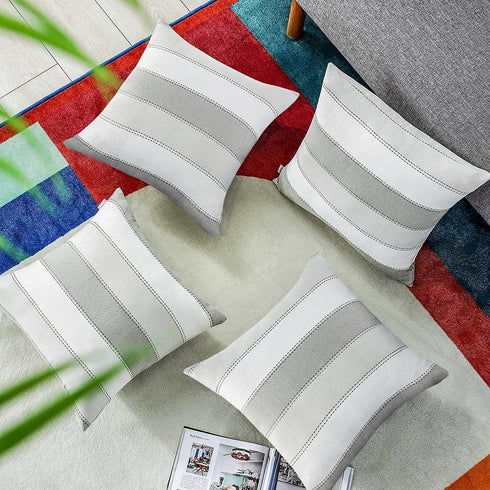 AmHoo Pack of 2 Farmhouse Stripe Check Throw Pillow Covers Set Case Cotton Linen Decorative Pillowcases Cushion Cover for Couch Bench Sofa 20x20In...