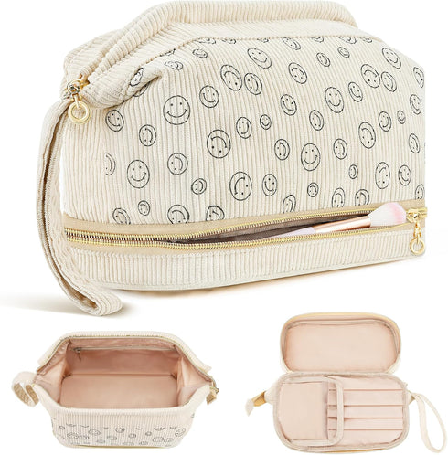 Travel Makeup Bag, Large Double Layer Make Up Cosmetic Bag for Women, Wide-open Pouch Organizer Bag for Girls, Roomy Makeup Travel Bags (Beige)...