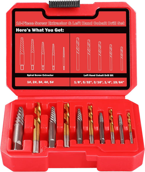 14 Pieces Screw Extractor Set, 35# Cr-Mo & 6542 HSS Steel Cobalt Left Hand Drill Bits Set for Removing Stripped Screws and Broken Bolts Ez Out Scr...