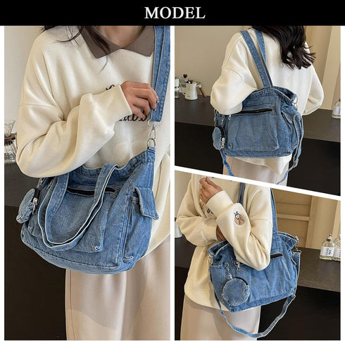 Denim Tote Bag, Large Capacity Jean Purses for Women Denim Crossbody Handbags with Small Purse...