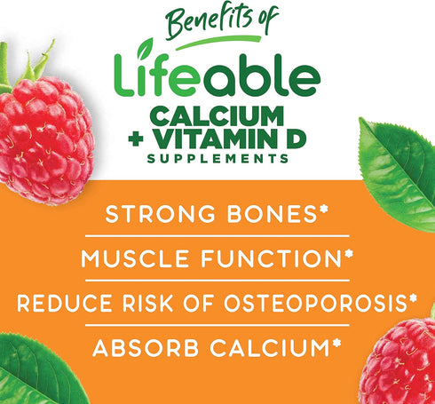 Lifeable Calcium 500 mg with Vitamin D3 1000 IU Gummies - Great Tasting Natural Flavor Vitamin Supplement - Gluten Free GMO-Free Chewable - for Bo...