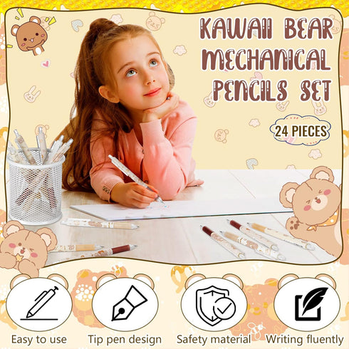 24 Pcs Kawaii Bear Mechanical Pencil 0.5mm Cute Automatic Pencils Cartoon Bear Brown White Automatic Retractable Pencils for School Office Supplie...