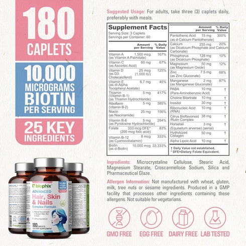 biophix Hair Skin and Nails Complex 180 Caplets with 10,000 mcg Biotin - Multivitamin Supports Strong Nails Beautiful Hair Healthy Aging...