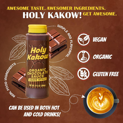 Holy Kakow Organic Chocolate Sauce - Chocolate Syrup, Organic, Sugar Free, Sweetened with Agave, Real Food Ingredients, Specific Flavor - 8oz, 1-P...