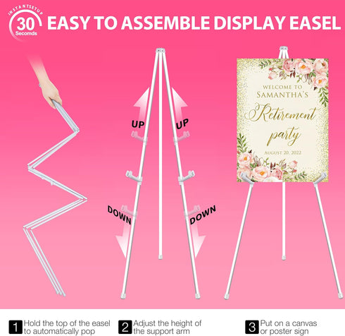 63" White Easel Stand for Wedding Sign Poster Display Easel Folding Art Easel for Floor Adjustable Metal Easel Instant Tripod Easel for Display Pa...