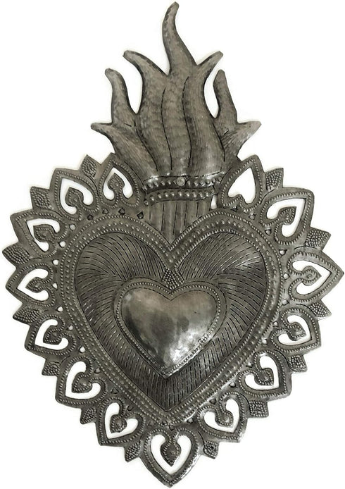 Sacred Heart, Flaming Heart, Religious Folk Art, Spiritual Home Decor, Haitian Metal Wall Art 7.25 X 10.25 Inches...