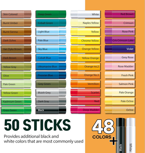 HA SHI Soft Oil Pastels Set (50 Sticks, 48 Colors) Art Supplies for Artist, Gallery Oil Painting Stick, Classroom Set, Professional Oil Crayons, I...